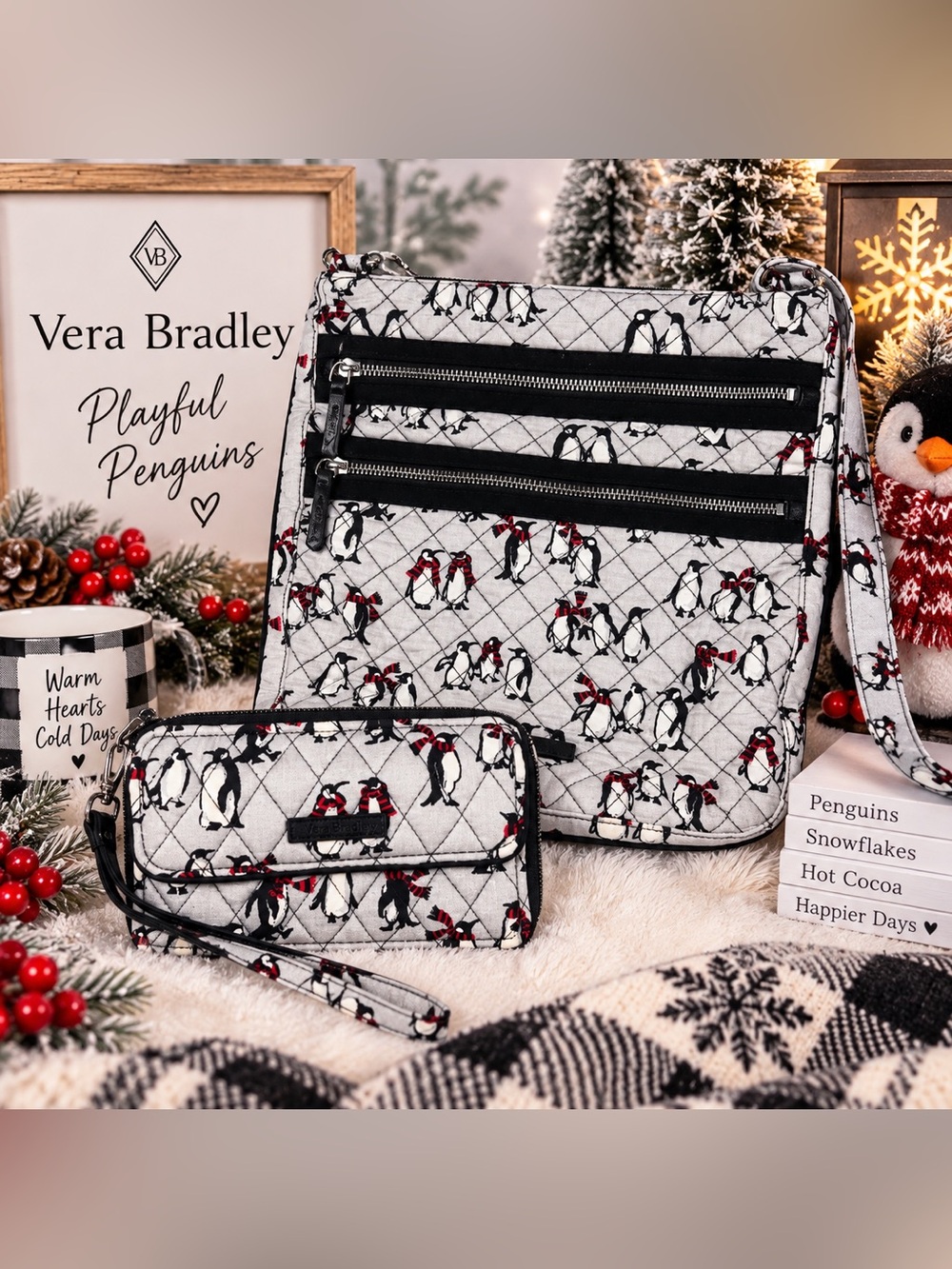 Vera Bradley Playful Penguins Crossbody & RFID Wristlet Wallet Set Retired